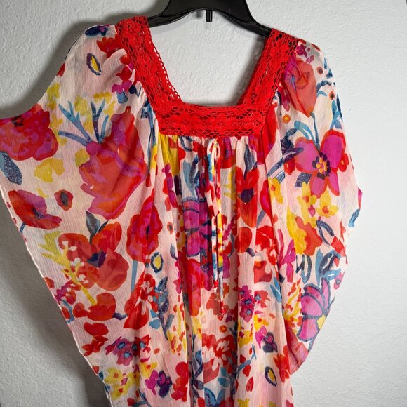 New Recruit Maternity Top Large Red Floral Chiffon Crochet Loungewear Sheer Cozy - Picture 10 of 11